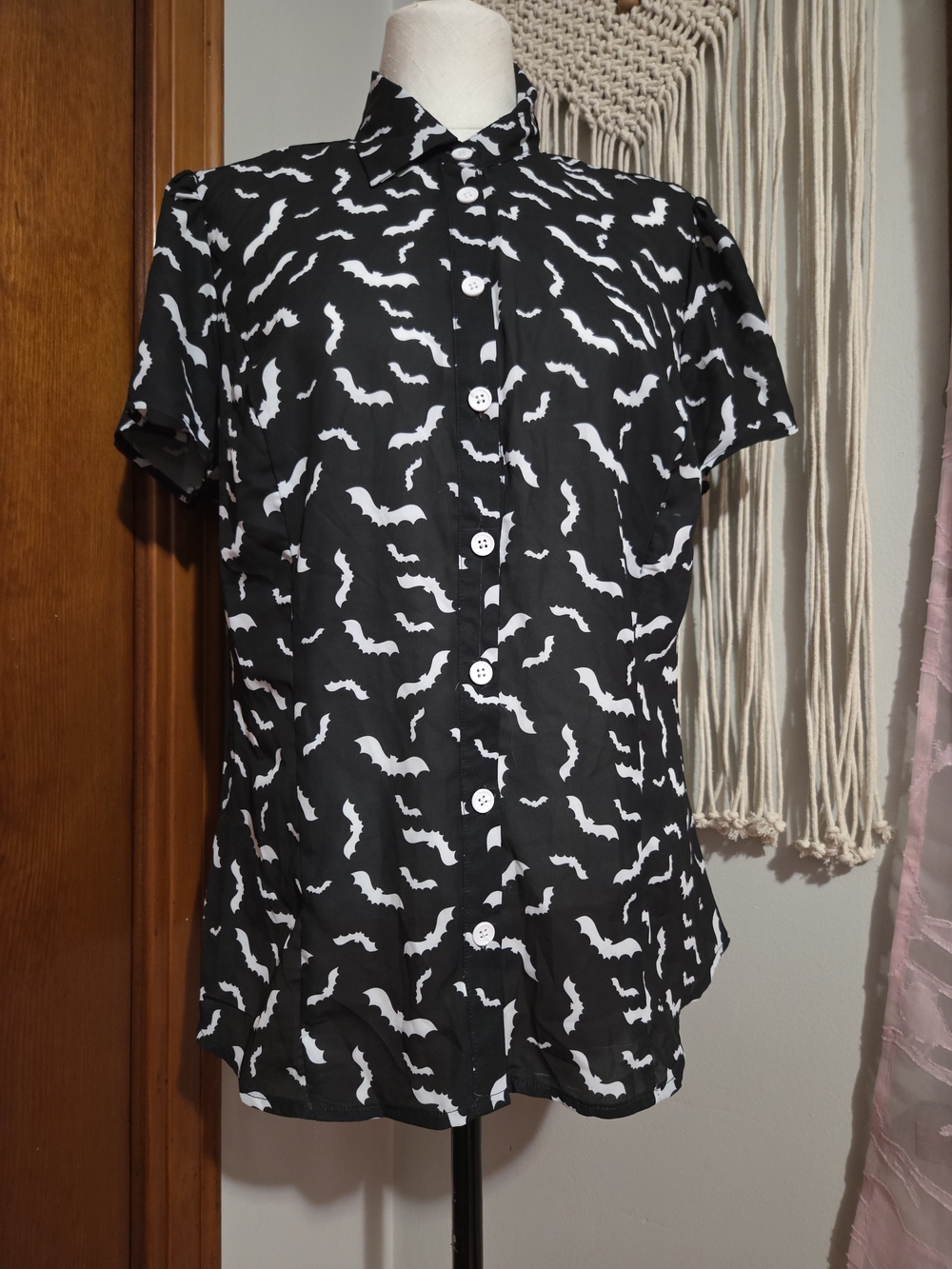 Black Short-Sleeve Button-Down Shirt with White Bat Print